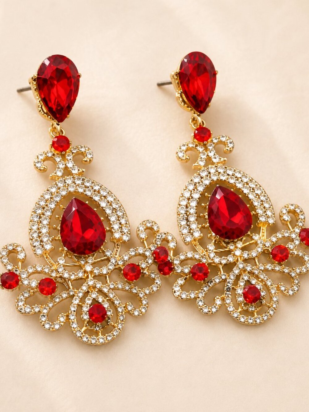 Vintage Style Red Rhinestone Chandelier Statement Earrings Gold Tone